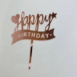Acrylic Cake Topper Happy Birthday Rose Gold Heart Star Design Cake Decoration  - Picture 1 of 2