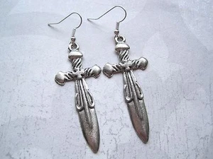 SINGLE or PAIR Big PIRATE SWORD CROSS Drop Earrings Unisex Fancy Dress Halloween - Picture 1 of 4