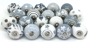 10 Knobs Grey & White Hand Painted Knobs Ceramic Knobs Cabinet Drawer Pulls - Picture 1 of 5