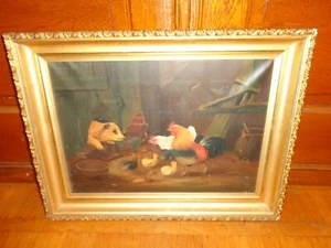 Antikes Gemälde Öl auf Leinwand Ende 19. Jh. eines Fuchses in einem Bauernhof Hühnerhaus - Bild 1 von 6