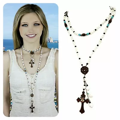 Sterling Silver  Kinley Cross Necklace in Rosewood and Pearls  - Image 1 of 4