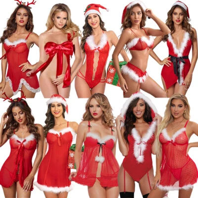 XMAS Women Sexy Lingerie Red Santa Babydoll Lace Sleepwear Costume Underwear Set - Image 1 of 4