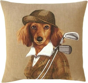 LADY SPANIEL GOLFER GOLFING 18" BELGIAN TAPESTRY CUSHION PILLOW COVER ZIP, 2876B - Picture 1 of 6