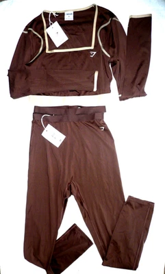 NUEVO CONJUNTO GYMSHARK MARRÓN TIRANTES CINTURA LEGGING MANGA LARGA CROP TOP MUJER MEDIANO Foto 1 de 4