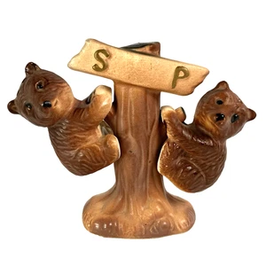 Vtg Japan Brown Bear Cubs on Tree Salt & Pepper Set Hanging Porcelain Animal - Picture 1 of 7