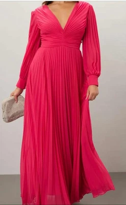 Badgley Mischka Pleated Fuscia Pink Chiffon Gown with V-neck and Long Sleeves - Image 1 of 4