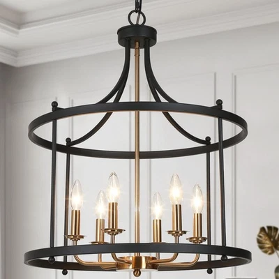 LNC Modern Farmhouse 21.5 in. 6-Light Matte Black+Plating Brass Drum Chandelier - Image 1 of 4