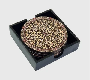 Handcrafted Wooden Coaster Set of 6 – Intricate Floral Design with Holder | 4"  - Picture 1 of 4