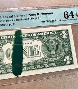 Fr. 1911-E 1981 $1 FRN RICHOND "INK SMEAR ERROR" PMG 64 EPQ - UNC - Picture 1 of 3