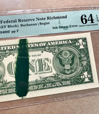 Fr. 1911-E 1981 $1 FRN RICHOND "INK SMEAR ERROR" PMG 64 EPQ - UNC - Image 1 of 3