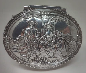 Vintage Made in Hong Kong silberfarbene ovale Schmuckschatulle mit Fuß und Spiegel ST33 - Bild 1 von 16