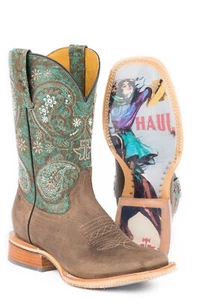 Tin Haul Womens Brown/Tq Leather Ban-Dan-Uh Cowboy Boots - Picture 1 of 3