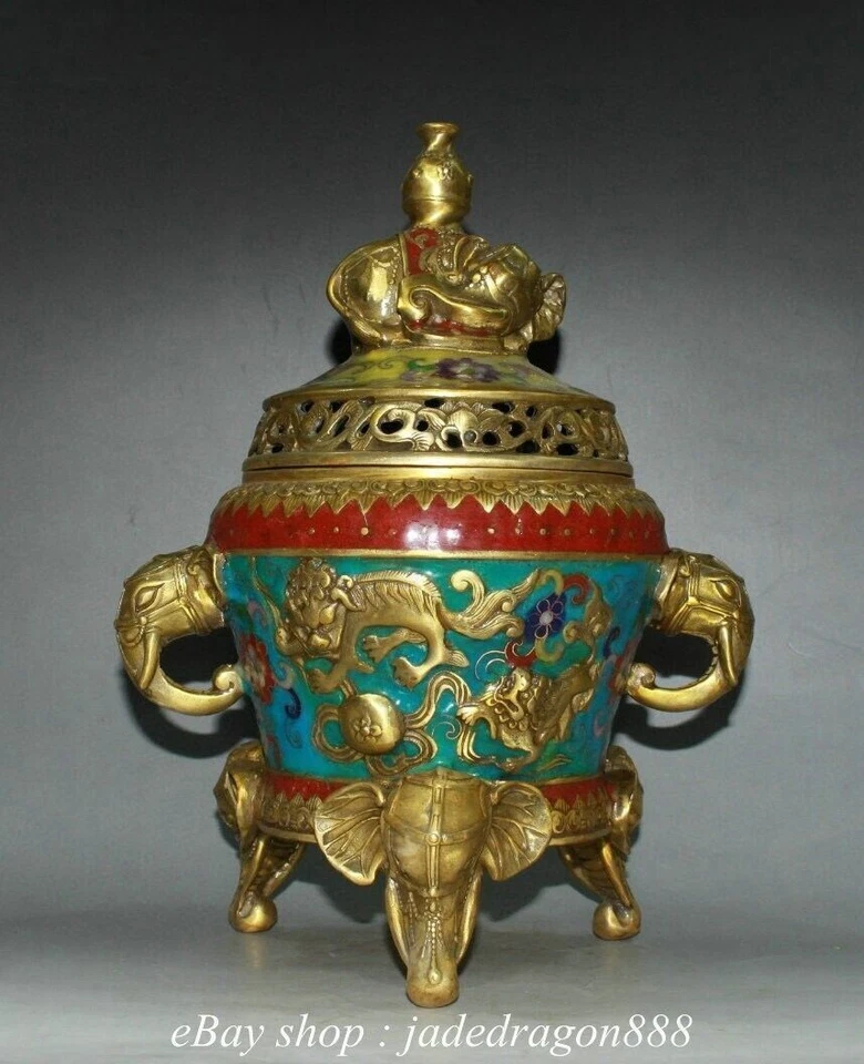 11.2" XuanDe Marked China Copper Cloisonne Elephant Foo Dog Incense Burner - Image 1 of 4
