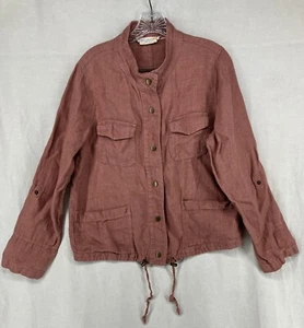 C & C California Women Jacket Medium Utility 100% Linen Rose Pink Roll Tab Sleev - Picture 1 of 15