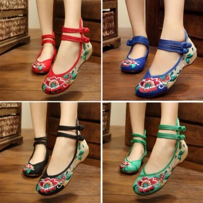 Women Chinese Floral Embroidery Loafers Buckle Casual Dance Hanfu Retro Shoe ♡ - Image 1 of 4