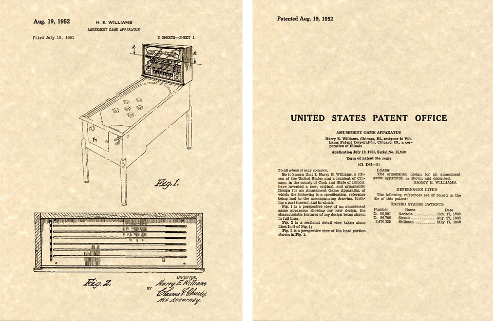 US PATENT of PINBALL MACHINE Art Print READY TO FRAME!!!!! - Williams 1952 - Image 1 of 1