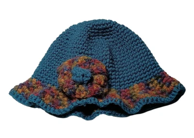 复古钩针编织 Clochette Flapper 帽子 手工制作 蓝绿色 带多色花朵 — 第 1/4 张图片