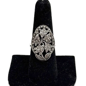Vintage Signed 925 Sterling Silver Flower Marcasite Ring Sz 8 Filigree Art Deco - Picture 1 of 9