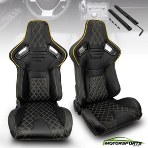 Black PVC Main Yellow Line Sport Racing Bucket Seats w/Sliders Left&Right Pair - Picture 1 of 7