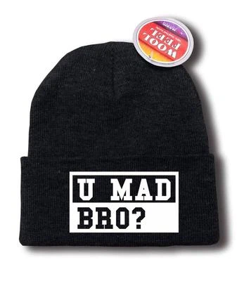 FOR MEN WOMEN PRINTED "U MAD BRO?" FUNNY Snowboard SKI BLACK CHARCOAL BEANIE  - Image 1 of 4