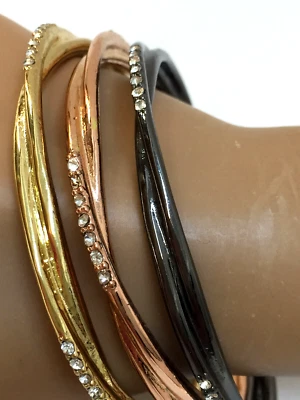 Juego de 3 Pulseras Tonos Oro Rosa Gunmetal Transparente Estrás Apilables 3" Foto 1 de 4