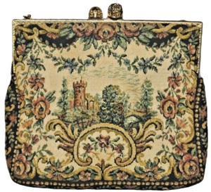 ANTIQUE Petit Point Tapestry Purse - Scenic Castle approx. 6in x 7in - Picture 1 of 8