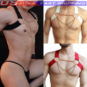 Men Sexy Nylon Chest Strap Punk Body Harness Gay Suspender Belt w Chain Costume - Picture 1 of 20