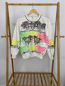 VTG 80s Safari Zebra All Over Print Bold Colors Graphic Light Thin Sweatshirt M  - Picture 1 of 6