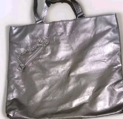 Vintage Ed Hardy Metallic Tote Bag Large Chains Skull Gray Pewter Silver 90s Y2K - Image 1 of 4