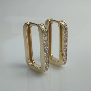 14K Paperclip Diamond Hoop Earrings, 14K Rectangle Huggies, Paperclip Earrings - Picture 1 of 7