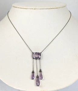 Antique Edwardian Amethyst Briolette Sterling Silver Negligee Necklace 16" - Picture 1 of 11