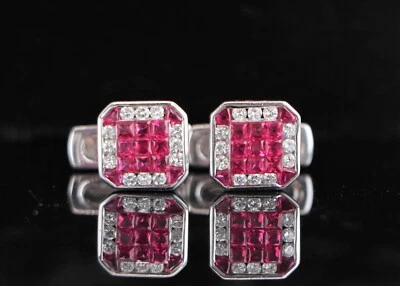 18K White Gold Princess Trillion Cut Invisible Set Red Ruby Diamond Cufflinks - Image 1 of 4
