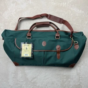 Borsone da notte Polo Ralph Lauren verde tela marrone bordo in pelle NUOVO - Foto 1 di 11