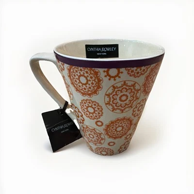 NWT Cynthia Rowley New York Orange Floral Pattern Purple Rim Tall Coffee Cup Mug - Image 1 of 4