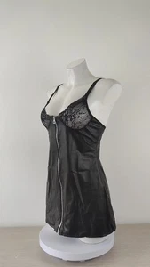 Black Wet Look Faux Leather Lace Mesh CupFront Zip Sleeveless Mini Dress Size 14 - Picture 1 of 3