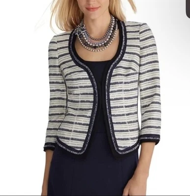 Blazer Casa Blanca Mercado Negro Tweed Talla 12 Chaqueta Oficina Rayas Recortada Foto 1 de 4