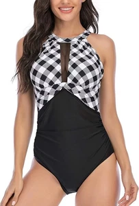 Women 1-Piece Monokini Swimsuit Round Neckline Mesh Ruched Tummy Control - Picture 1 of 5