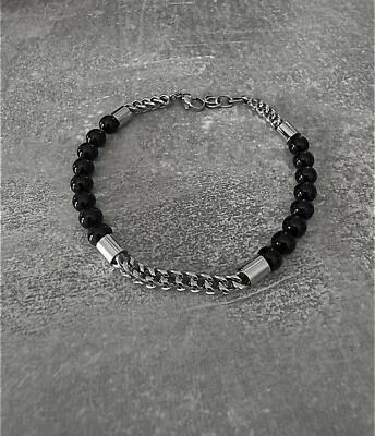 Braccialetto Sfere Pietra Agata Nero 21CM per Uomo & Acciaio Inossidabile - Immagine 1 di 4