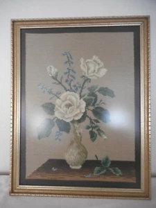 Vintage Framed Art Work Petit Point Needlework Floral Estate Find - Picture 1 of 5