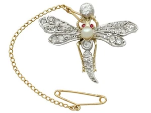 Victorian 1.30 Ct Diamond and Pearl Ruby and Yellow Gold Dragonfly Brooch - Picture 1 of 10