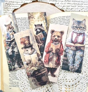 Handmade Set of 5 Vintage Dressed Forest Animal Set #1 Card Stock Bookmarks - Picture 1 of 3