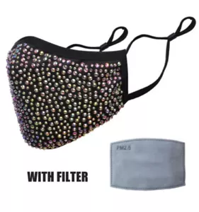 Black Bling Diamonds Mask Face Rhinestones Cute Stylish Protective Mask - Picture 1 of 1