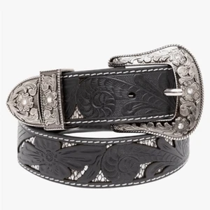 Cinturón de cuero vaquera occidental corte floral negro plateado SHYANNE para mujer M NUEVO - Imagen 1 de 8