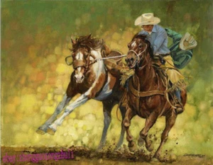 Quadro olio artistico alta qualità cavallo cowboy ovest dipinto a mano su tela - Foto 1 di 3
