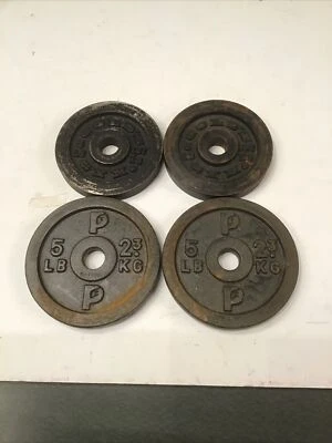 Lote de 4 placas de peso estándar vintage (2) Gold's Gym (2) "P" 5 lb Foto 1 de 4