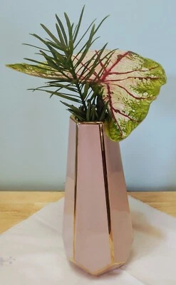 CONTEMPORARY Pink w/Gold Trim Ceramic Hexagon-Shaped Vase - 11.25" H Decanter  - Image 1 of 4