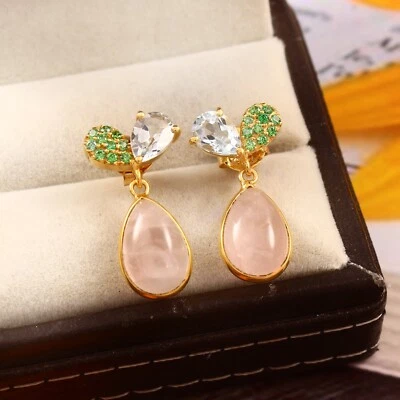 Brinco de quartzo rosa e topázio azul folheado a ouro, brinco de prata esterlina 925 - Imagem 1 de 3
