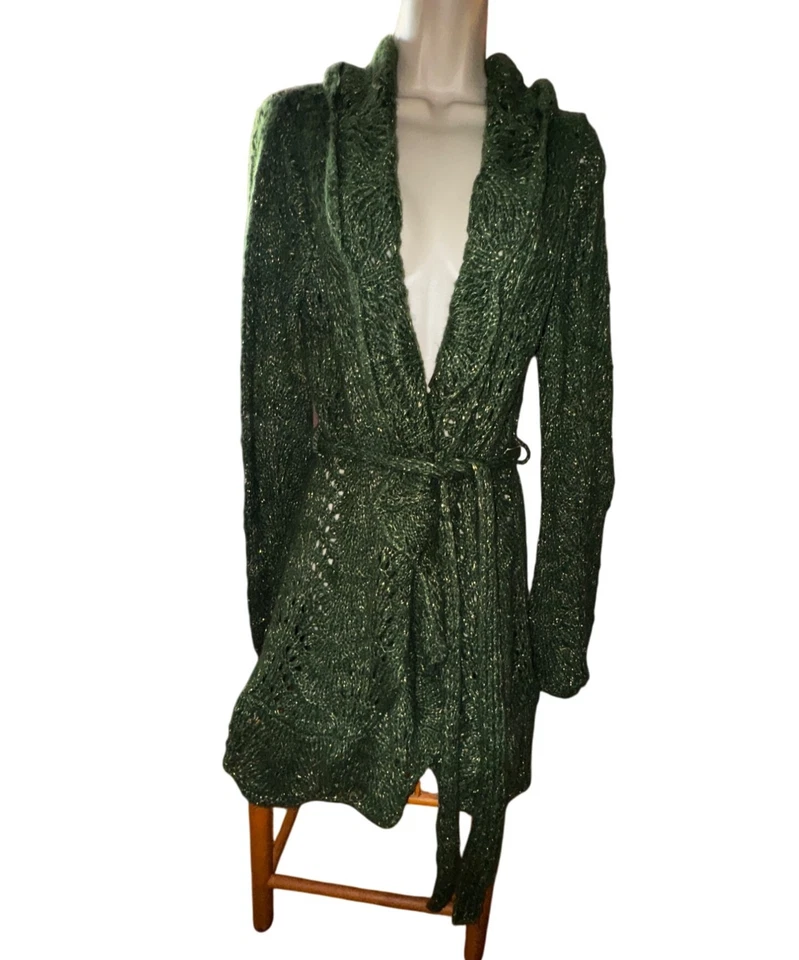 Cardigã suéter verde escuro grande cintilante malha envoltório com cinto boho hippie glam - Imagem 1 de 4