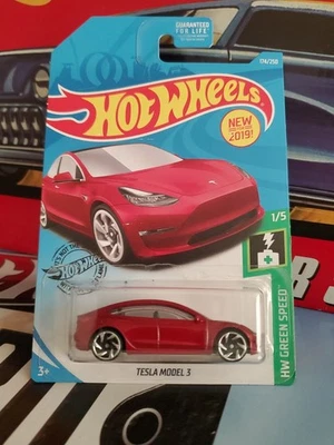 Hot Wheels New for 2019 Green Speed #1/5 Tesla Model 3 in Red - Image 1 of 4