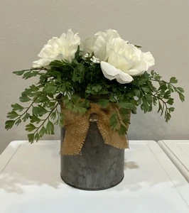 White Floral Arrangement Greenery Galvanized Metal Can Bucket Burlap Bow Decor - Picture 1 of 7